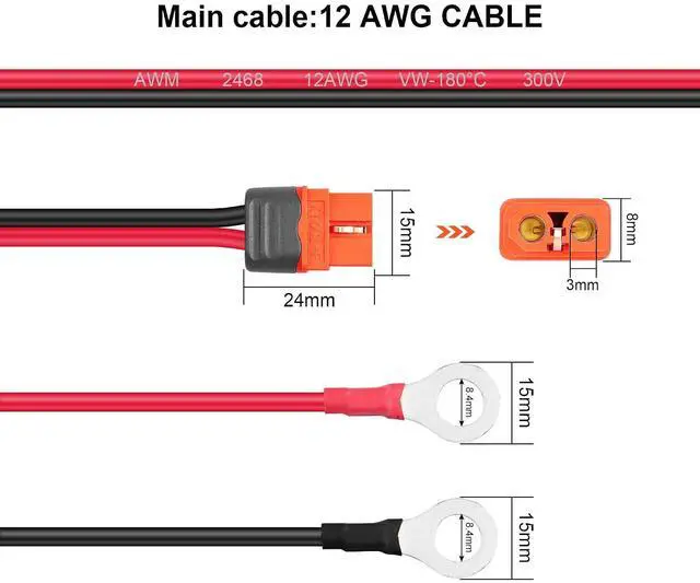 Alt view image 2 of 6 - XT60I-F to O-Terminal Power Cable 12AWG with Signal Pin XT60I-F Female Plug to O-Terminal Power Cable for Balance Chargers,Drones,Lithium Batteries etc(2FT)