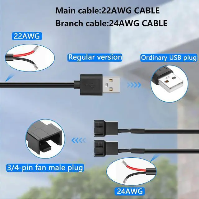 Alt view image 3 of 7 - 2 PCS USB to Large 3/4 Pin 1 to 2 Switch Fan Cable 5V USB-A Male to 5V Dual Large 3/4 Pin Female Chassis Fan Cable for Chassis Fans,CPU Fans etc(15.31 Inch) (Ordinary 4PIN)