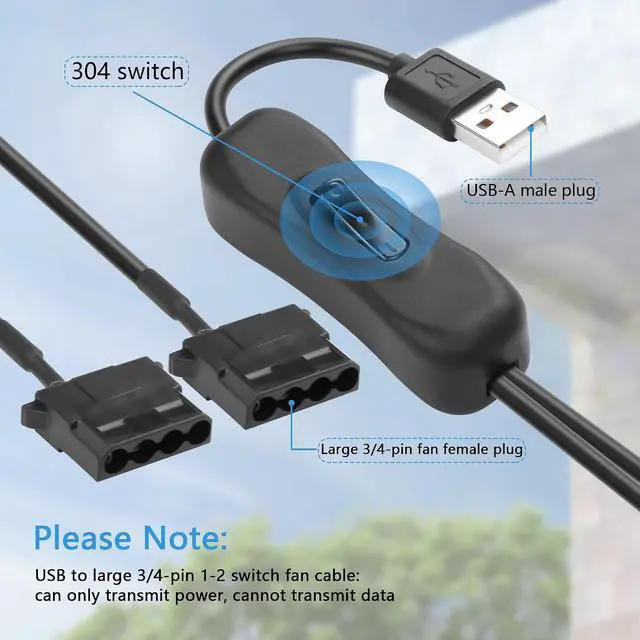 Alt view image 2 of 7 - 2 PCS USB to Large 3/4 Pin 1 to 2 Switch Fan Cable 5V USB-A Male to 5V Dual Large 3/4 Pin Female Chassis Fan Cable for Chassis Fans,CPU Fans etc(15.31 Inch) (Upgrade 4PIN)