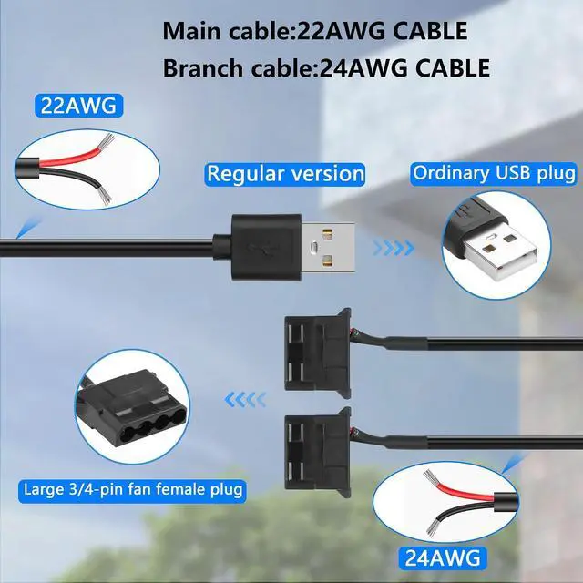 Alt view image 3 of 7 - 2 PCS USB to Large 3/4 Pin 1 to 2 Switch Fan Cable 5V USB-A Male to 5V Dual Large 3/4 Pin Female Chassis Fan Cable for Chassis Fans,CPU Fans etc(15.31 Inch) (Upgrade 4PIN)
