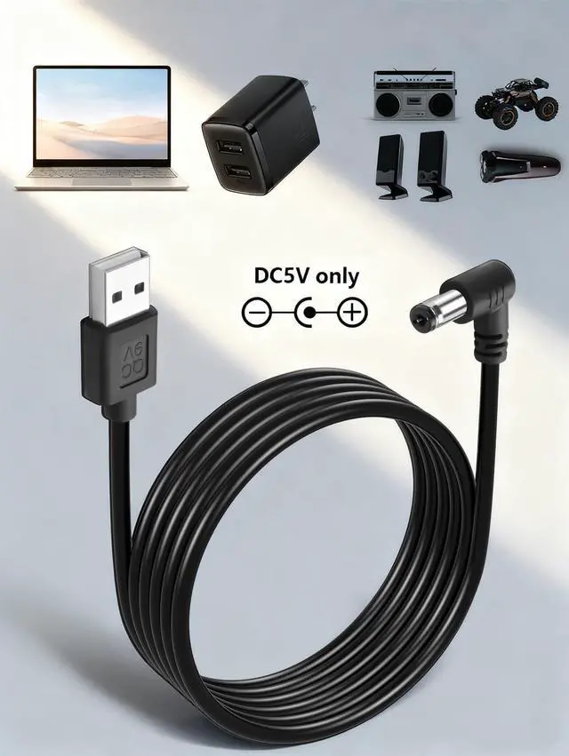 Alt view image 2 of 7 - USB Power Cable, 90-Degree Right Angle Connector, Black, DC Power Cord, Universal Charging Adapter Compatible with Electronics Devices (90 Degree)