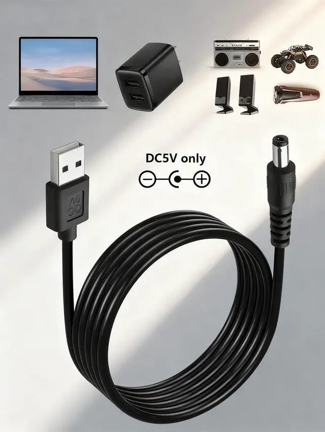 Alt view image 2 of 7 - USB Power Cable, 90-Degree Right Angle Connector, Black, DC Power Cord, Universal Charging Adapter Compatible with Electronics Devices (Straight Head)
