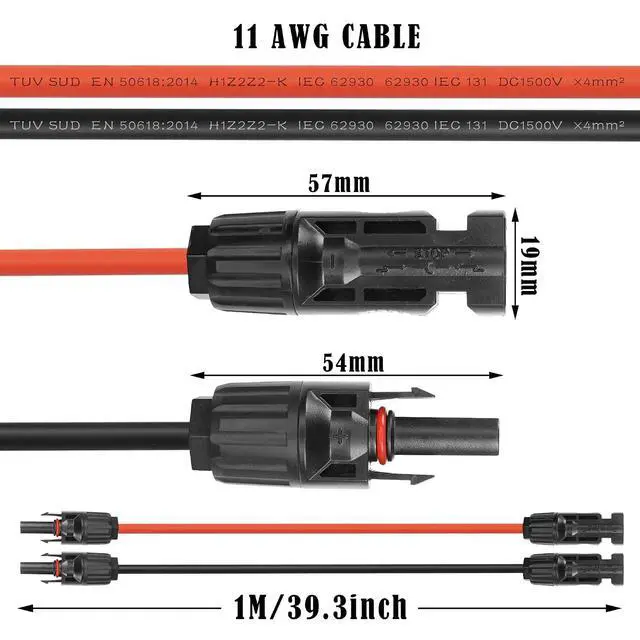 Alt view image 7 of 7 - 2 Pcs 11AWG Solar Extension Cable Waterproof Solar Connector Male to Female Solar Panel Connection Cable39.3Inch 4mm ² Red+39.3Inch 4mm ² Black