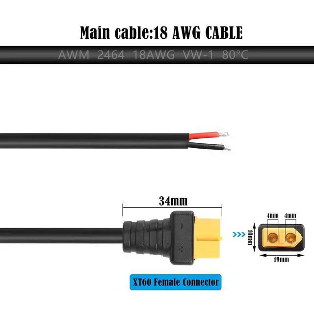 Alt view image 5 of 6 - 2 PCS XT60 Power Pigtails Cable 18AWG DC 24V XT60 Female Plug to Open Bare Power Cord for Balancing Cars,Drones,Toy Cars,Lithium Batteries,etc(1.64FT)