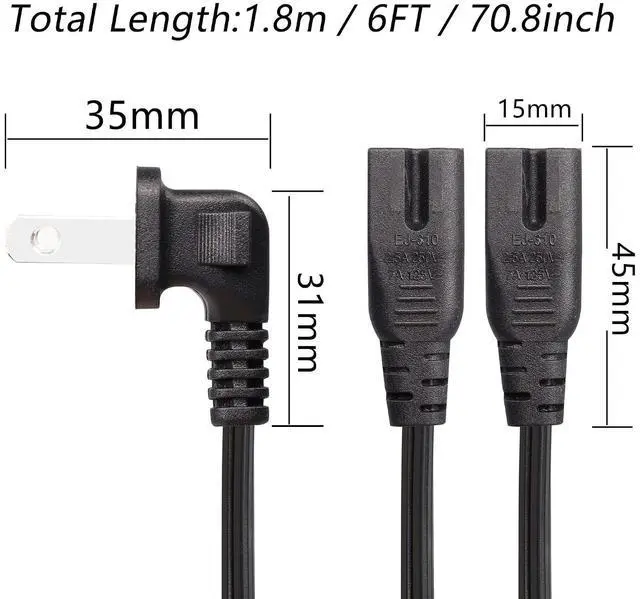 Alt view image 6 of 7 - 6Ft 90 Degree 2 Prong Polarized Y Split Power Cord, 2 Slot to Dual IEC320 C7 AC Wall Cable for Radio/CD Players,Blu-ray Players,Amplifiers,Boom Boxes,TV,1.8m,Right Angle
