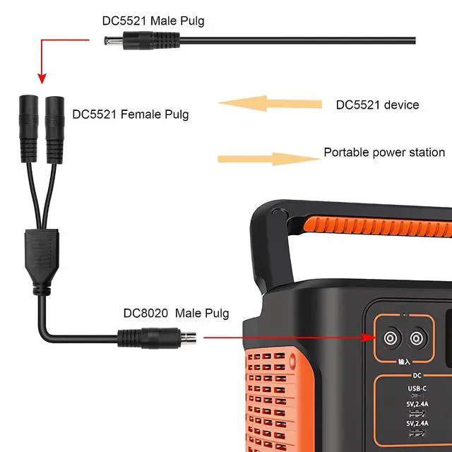 Alt view image 4 of 7 - DC8020 to DC5521 Extension Cable 14awg DC8.0mm x 2.0mm Male Connector to Dual DC 5.5mmx2.1mm Female Adapter Cable for Portable Power Station, Solar Generators1m (Male to 2 Female)