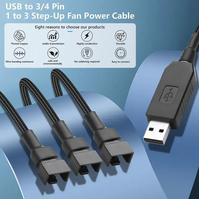 Alt view image 2 of 7 - USB to 3/4 Pin Step-Up Fan Power Cable DC5V to DC12V USB-A Male to 3/4 Pin Male Chassis Fan Cable for CPU Fans,Chassis Fans etc(21.26 Inch) (1 to 3)