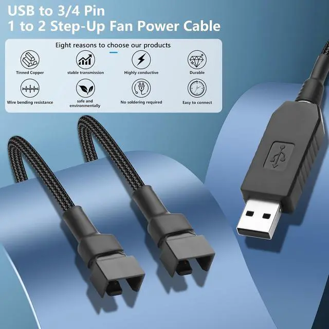 Alt view image 2 of 7 - USB to 3/4 Pin Step-Up Fan Power Cable DC5V to DC12V USB-A Male to 3/4 Pin Male Chassis Fan Cable for CPU Fans,Chassis Fans etc(21.26 Inch) (1 to 2)