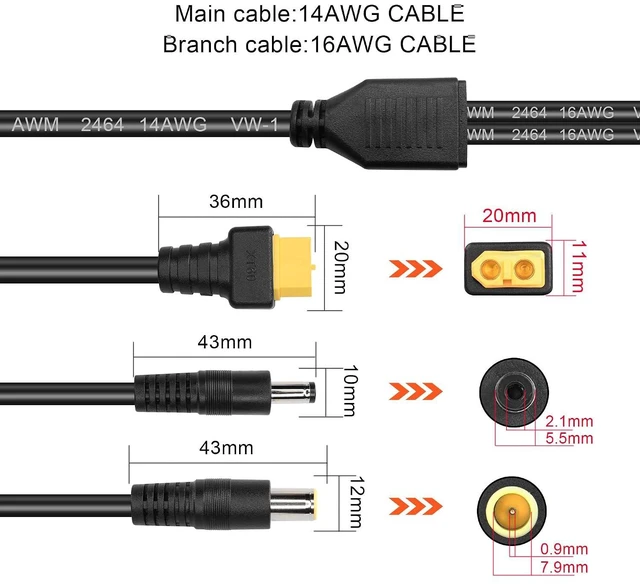 Alt view image 5 of 6 - XT60 to DC5521 and DC7909 Y Splitter Adapter Cable XT60 Female to DC 5.5mm x 2.1mm Male and DC 7.9mm x 0.9mm Male Power Cable for Drones,IP Cameras,Portable Charging Stationsetc