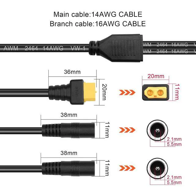 Alt view image 5 of 6 - XT60 to DC5521 Y Splitter Adapter Cable XT60 Female Plug to Dual DC 5.5mm x 2.1mm Female Plug Power Cable for Lawnmowers,Drones,IP Cameras,etc(3.2FT) (xt60 to dc551)
