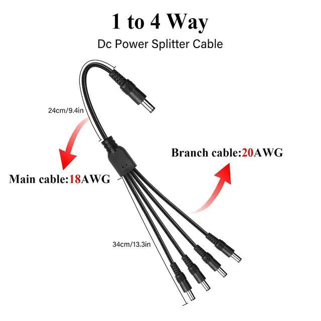 Alt view image 2 of 6 - DC5521 Splitter Power Cable 1 Male to 4 Male DC5.5mm x 2.1mm Adapter Splitter Extension Cable for Camera,LED Strip Light,Laptops etc(27.5 Inch)