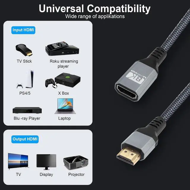 Alt view image 5 of 7 - 8K HDMI Extension CableHDMI 2.1 Male to Female Connector Cable, 8K 60Hz HD HDMI Extension Cable,for PS5,PS4,Blu-ray Players, HDTVs, displays, projectors, etc(0.3m)