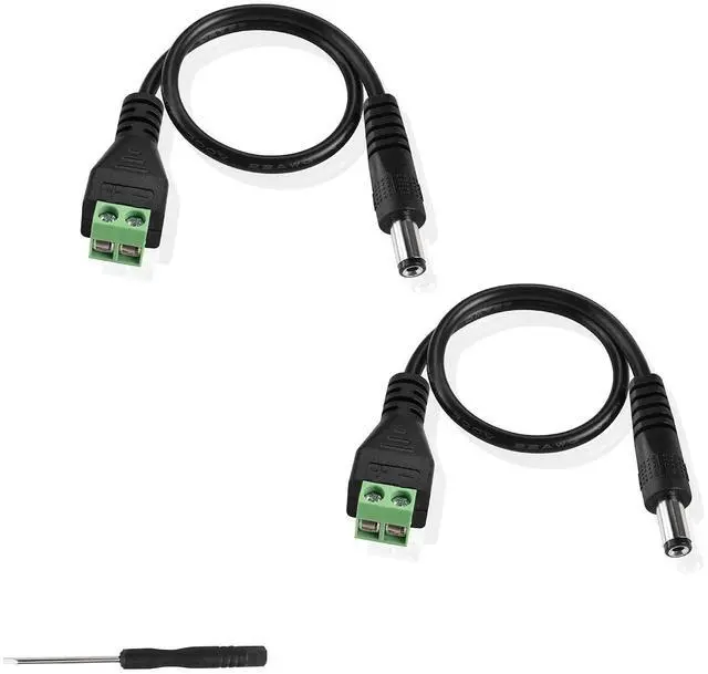 Main image of 2PCS DC Power Cable 5.5X2.1mm DC Male Plug to Terminal Connector Jack Socket Adapter Power Cable 22AWG for CCTV Security Camera,DVR,LED Strip Light Etc (1x Terminal Screwdriver)
