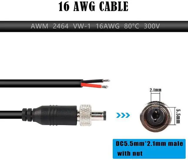 Alt view image 6 of 7 - Anti-Dropout DC Power Pigtail Cable 16AWG with Nut DC5.5mmx2.1mm Male Plug to Open Bare Wire Power Cord for Outdoor Security Camera, CCTV, DVR, etc(1.64 FT)