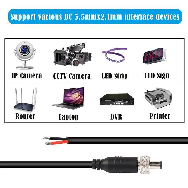 Alt view image 3 of 7 - 9.84 FT Anti-Dropout DC Power Pigtail Cable with Nut DC5.5mmx2.1mm Male Plug to Open Bare Wire Power Cord for Outdoor Security Camera, CCTV, DVR, etc