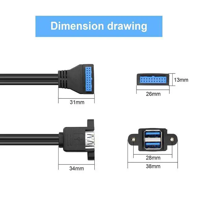 Alt view image 2 of 7 - Motherboard 19/20Pin to Dual USB3.0 Cable Motherboard 19/20Pin Right Angle Female to Dual USB3.0 Female Panel Mount Cable with Two Panel Mount Screws(19Inch) (up)