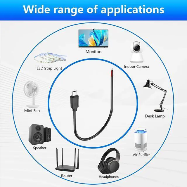 Alt view image 4 of 7 - 2PCS USB C to 2-Pin Bare Wire Cable 5V/3A USB Type C Male Plug 2 Pin Bare Wire Open End Power Cable 78.78IN (0.5m/19.6in)