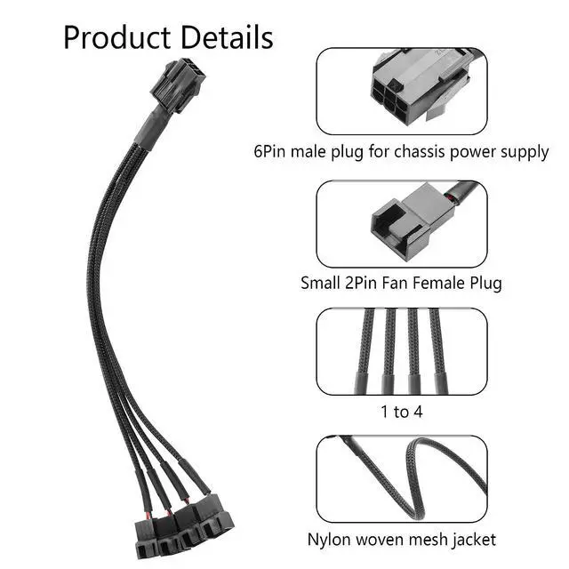 Alt view image 3 of 6 - 2 Pcs Chassis Power Supply 6 Pin to 3/4 Pin Fan Cable 12V Chassis Power Supply 6 Pin Female to 5 x 2 Pin Male 1 to 5 Fan Cable for Chassis Cooling Fans(10.82 Inch) (1 to 4)