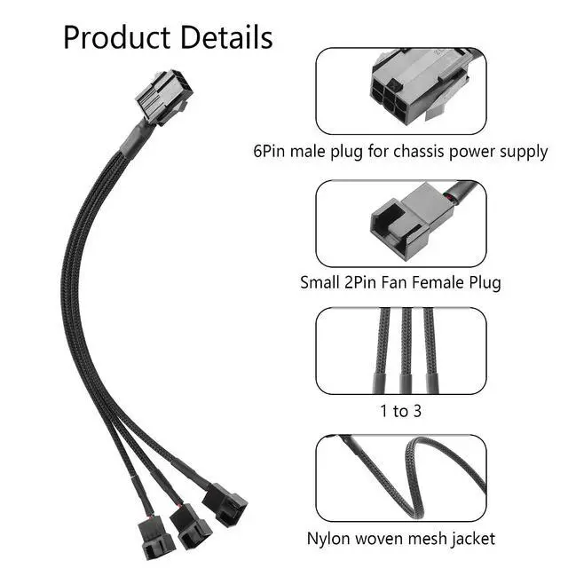 Alt view image 3 of 6 - 2 Pcs Chassis Power Supply 6 Pin to 3/4 Pin Fan Cable 12V Chassis Power Supply 6 Pin Female to 5 x 2 Pin Male 1 to 5 Fan Cable for Chassis Cooling Fans(10.82 Inch) (1 to 3)