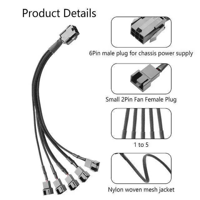 Alt view image 3 of 6 - 2 Pcs Chassis Power Supply 6 Pin to 3/4 Pin Fan Cable 12V Chassis Power Supply 6 Pin Female to 5 x 2 Pin Male 1 to 5 Fan Cable for Chassis Cooling Fans(10.82 Inch) (1 to 5)