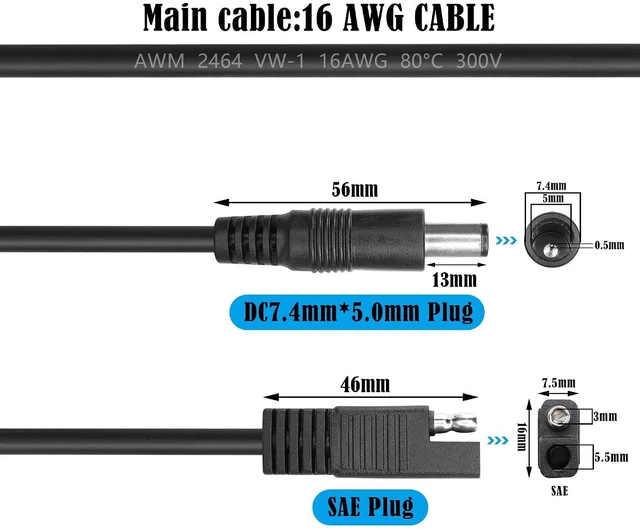 Alt view image 6 of 6 - 2 Pcs SAE to DC7450 Power Cable DC24V 16AWG SAE Male Plug to DC7.4mmx5.0mm Male Plug Quick Connection Disconnect Extension Cable for Cars,Motorcycles, Batteries,etc(78.7Inch)