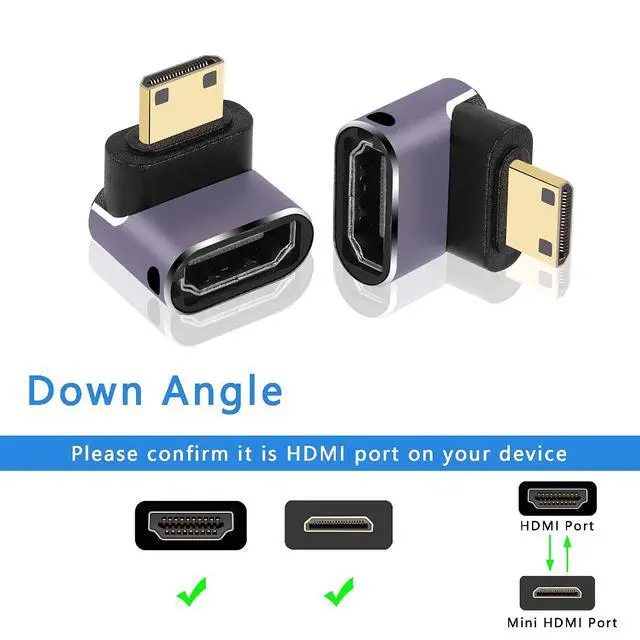 Alt view image 2 of 6 - 8K Mini HDMI to Standard HDMI Adapter 2.1 Version Mini HDMI Male to Down Angle 90 Degree HDMI Female Extension Adapter for Camera,Laptop,Tablet,HDTV,Projector 2 PCS(Down Angle)