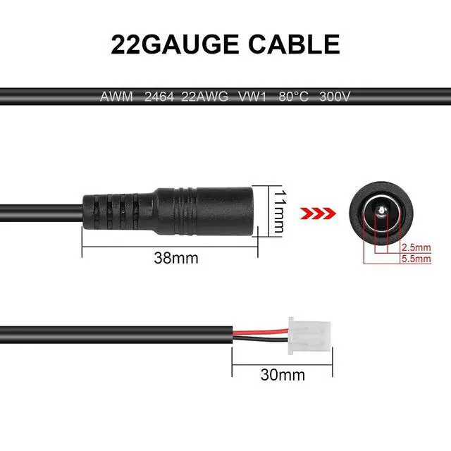 Alt view image 3 of 7 - 2PCS DC5525 to XH2.54MM-2PIN Power Cable 22AWG DC5.5mm x 2.5mm Female to XH2.54MM-2PIN Female Extension Power Cable for Case Fans,Printers,Batteries,LED Lights etc(11.8Inch)
