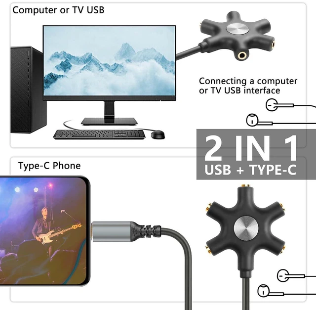 Alt view image 2 of 7 - USB A/C Male to 5-Port 3.5mm Female Headphone Audio Splitter 5 Jack 3.5mm Stereo Music Sharer 1 Male and 5 Female Splitter Phone Computer Jack Separato (with USB)