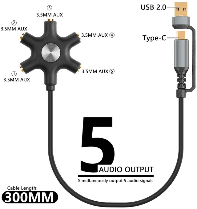 Alt view image 3 of 7 - USB A/C Male to 5-Port 3.5mm Female Headphone Audio Splitter 5 Jack 3.5mm Stereo Music Sharer 1 Male and 5 Female Splitter Phone Computer Jack Separato (with USB)
