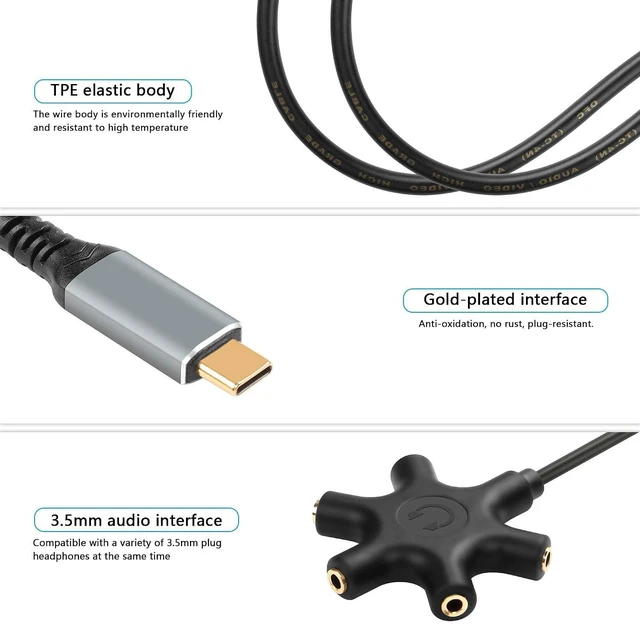 Alt view image 5 of 7 - USB A/C Male to 5-Port 3.5mm Female Headphone Audio Splitter 5 Jack 3.5mm Stereo Music Sharer 1 Male and 5 Female Splitter Phone Computer Jack Separato (with USB)