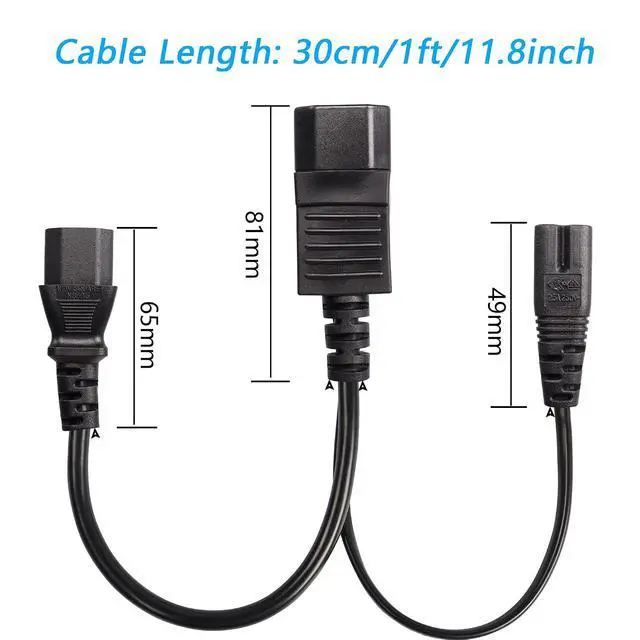 Alt view image 6 of 6 - IEC320 C14 to C13+C7 Y Splitter Power Cord, 1FT C14 Male to C13+C7 Female AC Power Extension Adapter Cable for PDU, UPS, Servers, and Switches,etc. 30cm