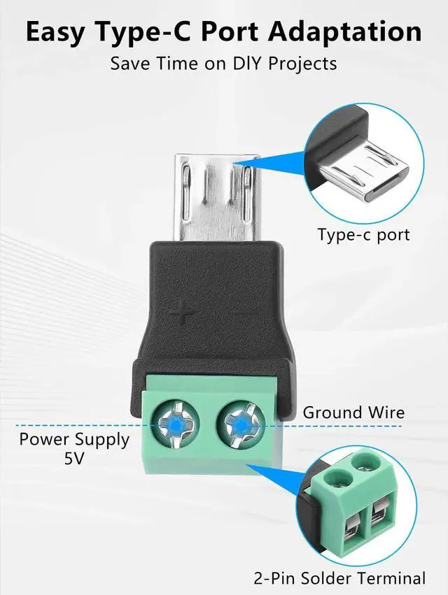 Alt view image 4 of 6 - 5PCS Micro USB C to 2 Pin Screw Terminal Adapter Micro USB Male Screw Terminal Block Connector Charge Pluggable Adapter Connector