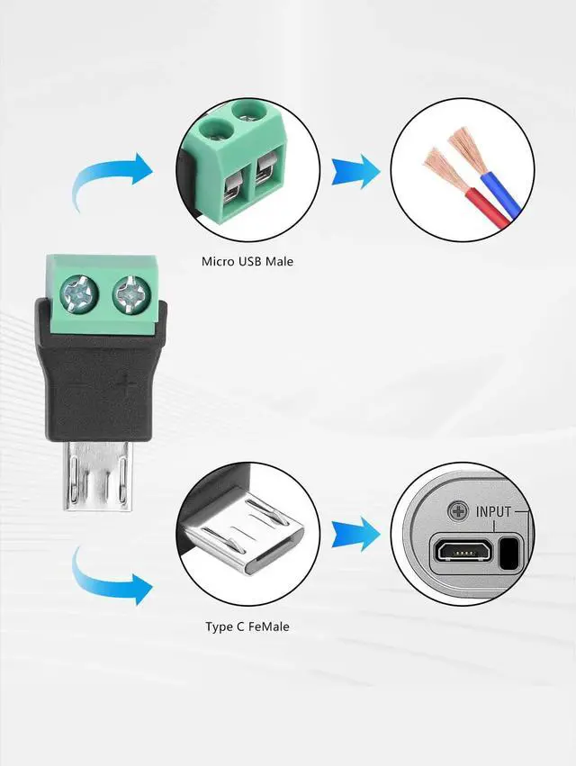 Alt view image 3 of 6 - 5PCS Micro USB C to 2 Pin Screw Terminal Adapter Micro USB Male Screw Terminal Block Connector Charge Pluggable Adapter Connector