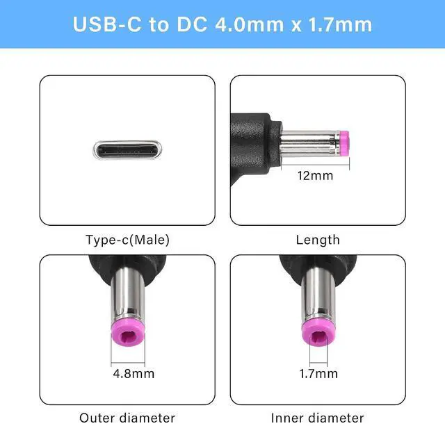 Alt view image 2 of 7 - Type C to 90 Degree DC 4.8 x 1.7 mm Power Charging Cable USB-C Male Output to DC Input Power PD Charge Cable fit for Laptop 65W 9V 12V 15V 20V(59inch)