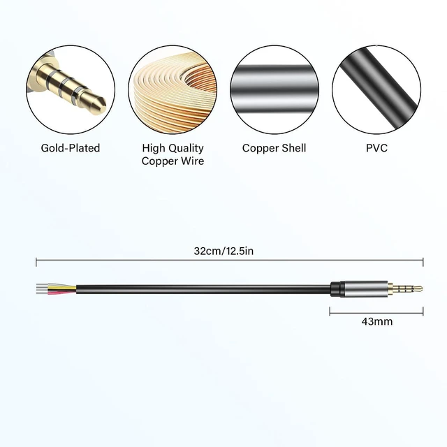 Alt view image 2 of 6 - 2Pack 3.5mm Male Plug to Bare Wire Open End Headset TRRS Cord 4 Pole 1/8" 3.5mm Male Jack to Bare Wire Open End Cable 4 Pole Stereo Plug Jack Connector Audio Cable-0.3M/11In