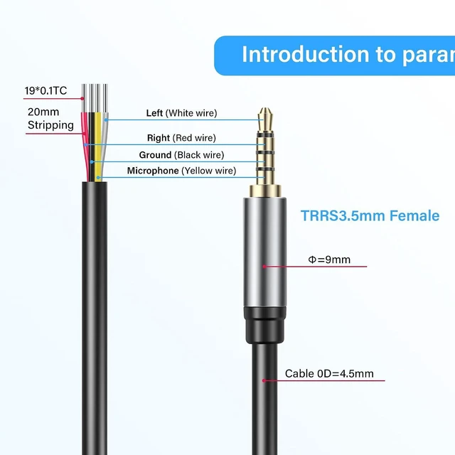 Alt view image 3 of 6 - 2Pack 3.5mm Male Plug to Bare Wire Open End Headset TRRS Cord 4 Pole 1/8" 3.5mm Male Jack to Bare Wire Open End Cable 4 Pole Stereo Plug Jack Connector Audio Cable-0.3M/11In
