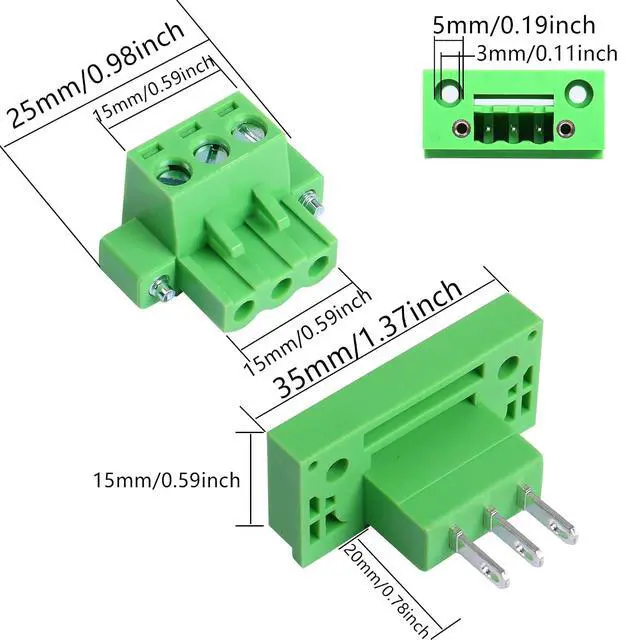 Alt view image 6 of 7 - 2 Sets 3 Pin 5.08 mm Terminal, 3-Pin Pluggable Screw Terminal Block Connectors, 3P Through-wall Terminal Connectors 2EDGWB+2EDGKM with Screw Lock Plate Fixed