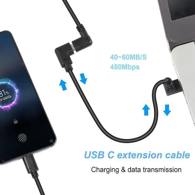 Alt view image 3 of 7 - USB C Extension Cable USB Type C Extender Cord, Up Angle 90 Degree Male to Right Angle 90 Degree Female USB C Cable for Laptop.Tablet.Mobile Phone0.3m