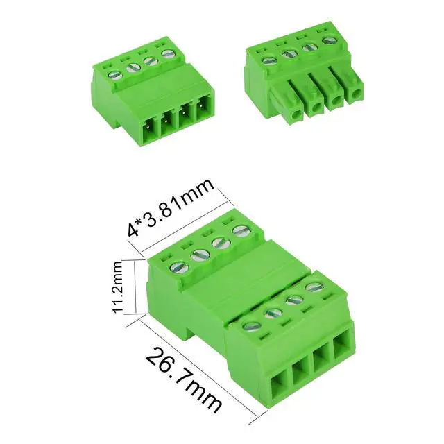 Alt view image 3 of 6 - 5 Sets 3.81mm Phoenix Connector 4P, 300V 8A Green Ground Circuit Terminal Blocks, 3.81mm Pitch 4P PCB Screw Terminals