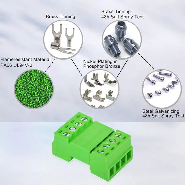 Alt view image 4 of 6 - 5 Sets 3.81mm Phoenix Connector 4P, 300V 8A Green Ground Circuit Terminal Blocks, 3.81mm Pitch 4P PCB Screw Terminals