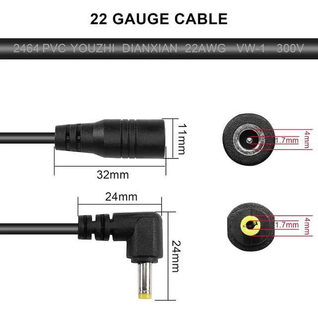 Alt view image 5 of 6 - DC4017 Power Extension Cable 22AWG DC 4.0mm x 1.7mm Right Angle Male to Female Power Adapter Cable for PSP,Cameras, Electric Toothbrushes etc(9.6 FT)