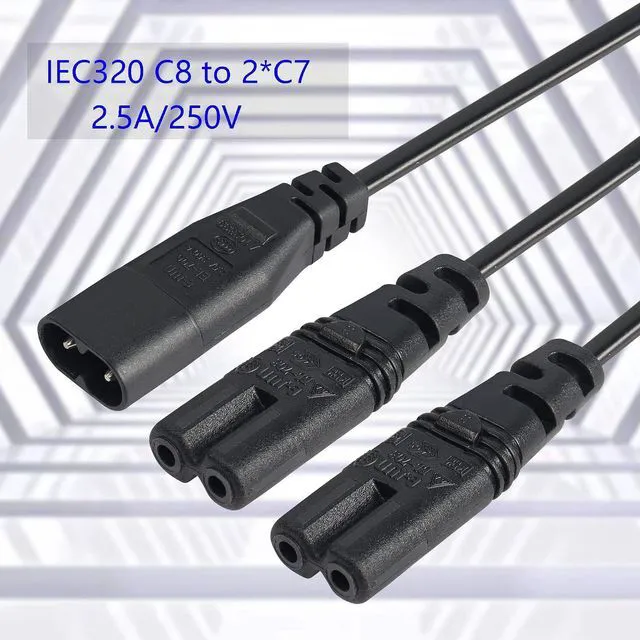 Alt view image 2 of 6 - IEC 320 C8 to Dual C7 Y Splitter Power Cable 1 Male to 2 Female 1FT Figure 8 Adapter 1 in 2 Out AC Power Cord (30cm)