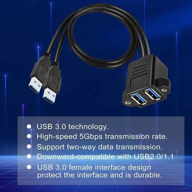 Alt view image 3 of 6 - Dual USB 3.0 Cable with Panel Mount Screw Hole, 2 Ports USB 3.0 Male to Female Extension Cable, Suitable for Family, Classroom, Office, Conference, Entertainment and More Occasions (0.6m)
