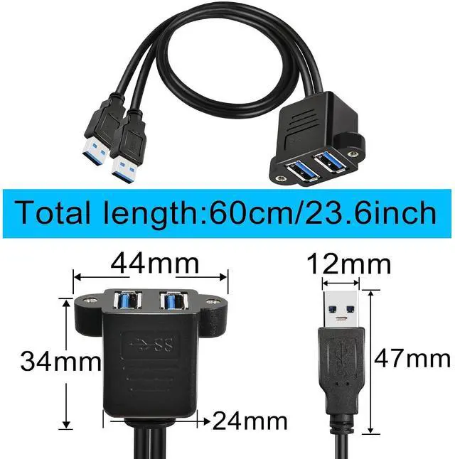 Alt view image 6 of 6 - Dual USB 3.0 Cable with Panel Mount Screw Hole, 2 Ports USB 3.0 Male to Female Extension Cable, Suitable for Family, Classroom, Office, Conference, Entertainment and More Occasions (0.6m)