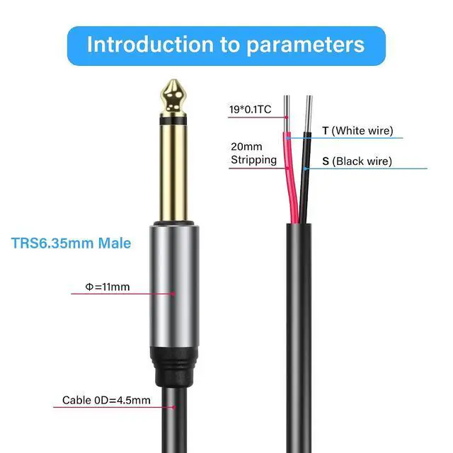 Alt view image 3 of 7 - 2-Pack 6.35mm Male Plug to Bare Wire Open TRS Bipolar Stereo 1/4 "6.35mm Speaker Cable Adapter Connector to Microphone Speaker Bare Wire Open Audio Cable -0.3m/11in