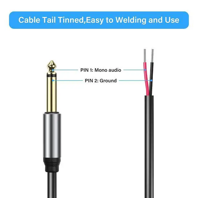 Alt view image 4 of 7 - 2-Pack 6.35mm Male Plug to Bare Wire Open TRS Bipolar Stereo 1/4 "6.35mm Speaker Cable Adapter Connector to Microphone Speaker Bare Wire Open Audio Cable -0.3m/11in