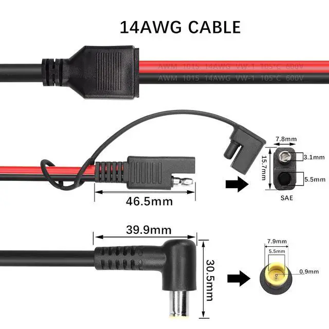 Alt view image 6 of 7 - DC7909 Male Elbow to SAE Plug Power Cord 14AWG DC7.9mmx0.9mm Right Angle 90-Degree Male to SAE Male Plug Power Cord, for Solar Panels, RV, Portable Charging Station,(2 PCS)
