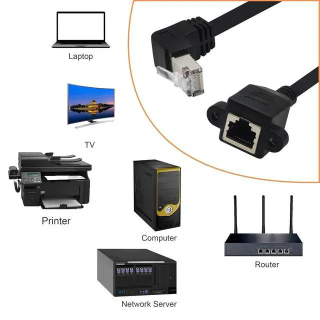 Alt view image 5 of 7 - Panel Mount RJ45,RJ45 Male to Female 90 Degree Screw Panel Mount CAT6/5e/5 Shielded Network LAN Extender Cord Connector (Angled Down)