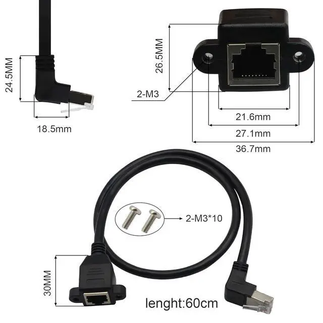 Alt view image 4 of 7 - Panel Mount RJ45,RJ45 Male to Female 90 Degree Screw Panel Mount CAT6/5e/5 Shielded Network LAN Extender Cord Connector (Angled Down)