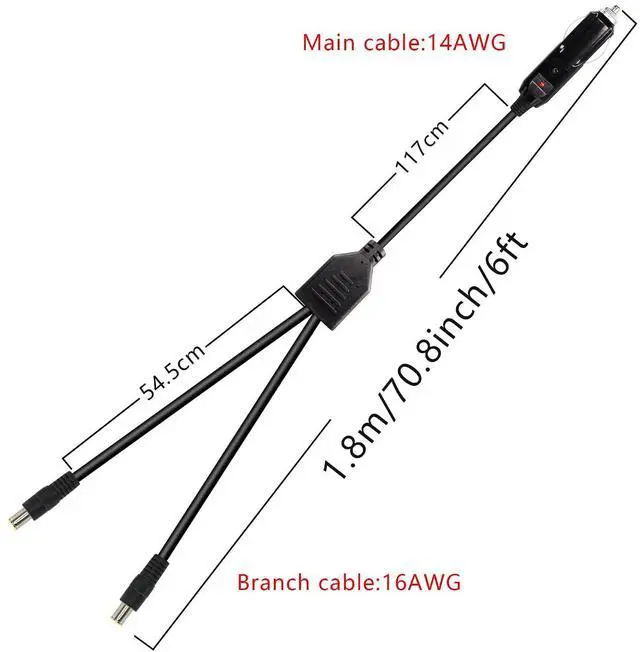 Alt view image 6 of 7 - Car Cigarette Lighter to DC 8mm Y Splitter Cable, Double DC7909 7.9 x 5.5mm Plugs Car Charger Power Supply Cord, 6Ft 12V Cable for Car DVR,Bluetooth Speakers,Camera,GPS,Laptop 1.8m